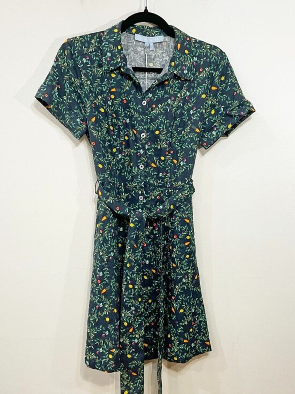 Hill House Mini Shirt Dress in Navy with Yellow & Pink Floral Print